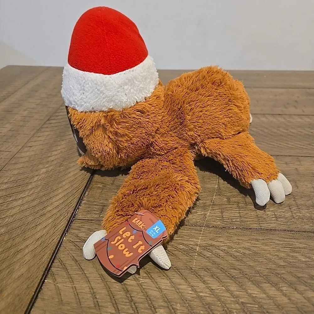 New XL Bark Box “ Let It Slow “ Dog Toy Sloth Christmas Santa Hat Winter